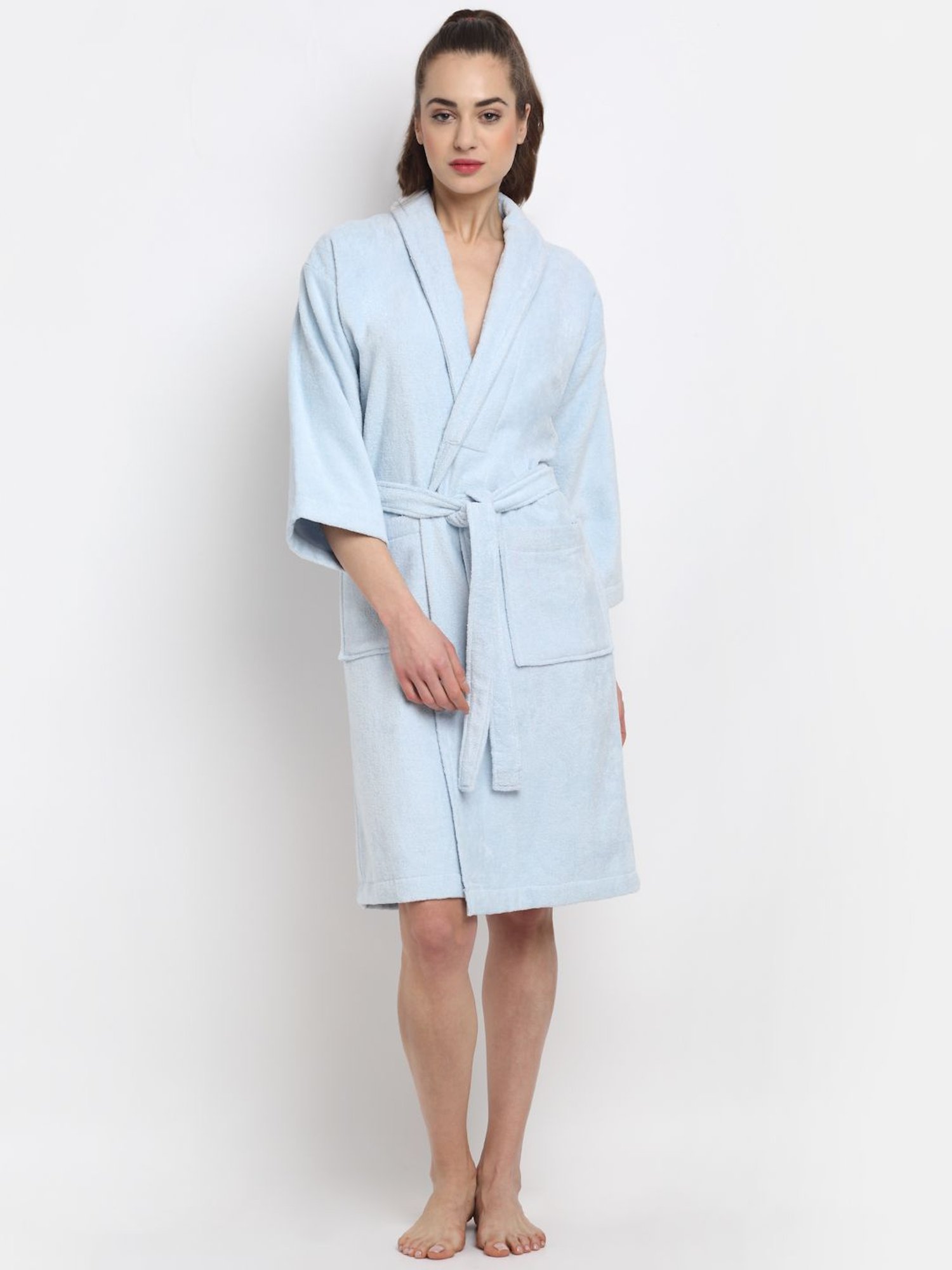 Creeva Everyday Red & Navy 225 GSM Micro Terry Bathrobe with Front Pocket & Kimono Collar