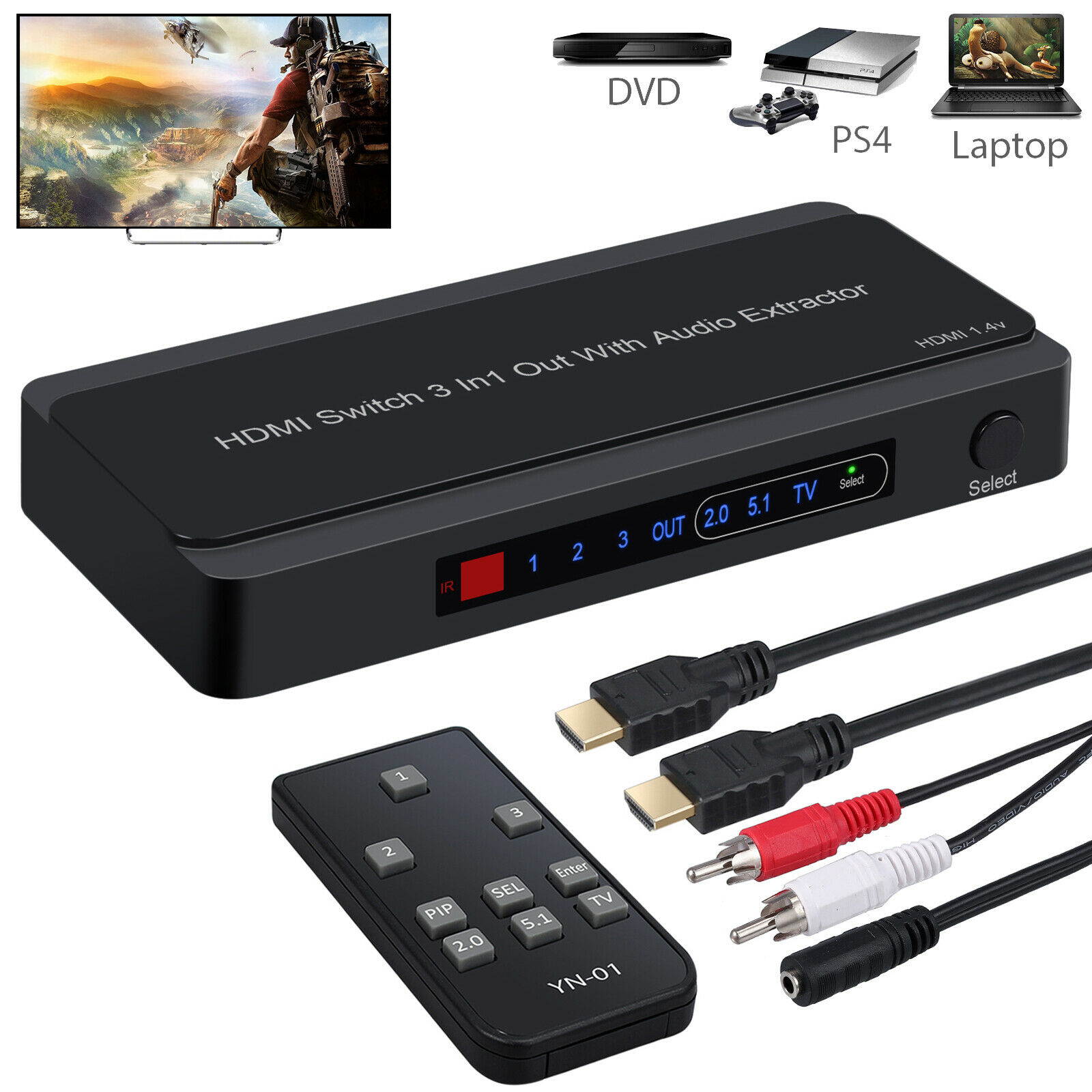 3x1 HDMI Switch Audio Extractor Converter Analog Toslink SPDIF 4K 3D 1080P
