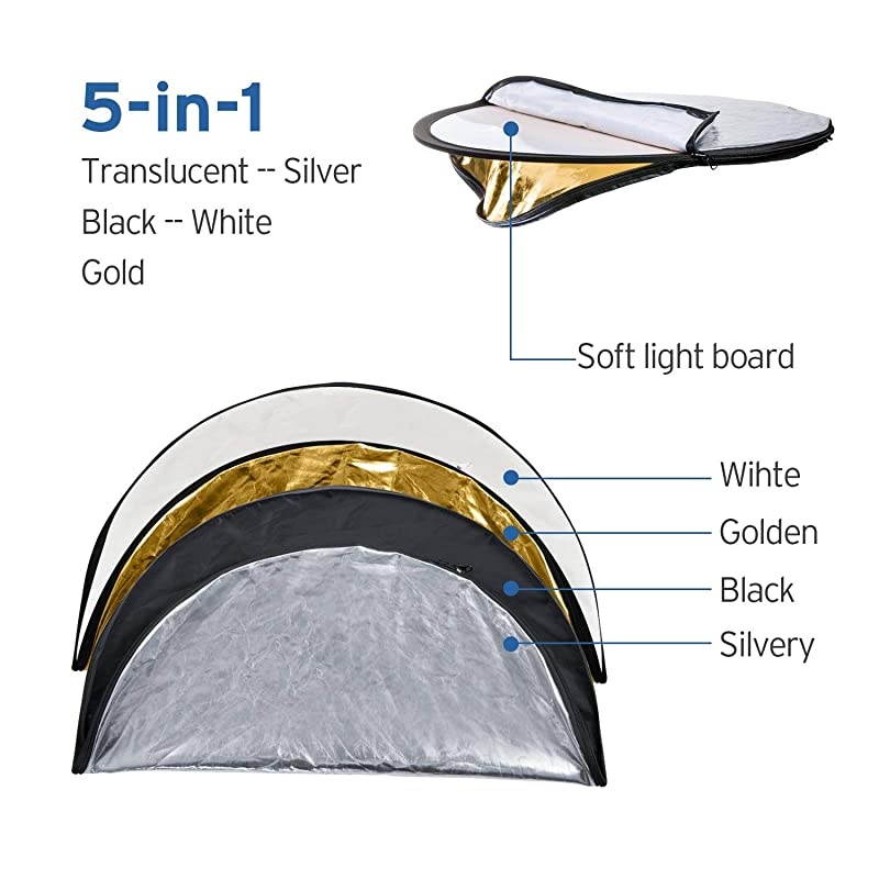 24quot 60cm 5in1 Photography Reflector Light Reflectors for Photography MultiDisc Photo Reflector Collapsible with Bag Translucent Silver Gold White and Black