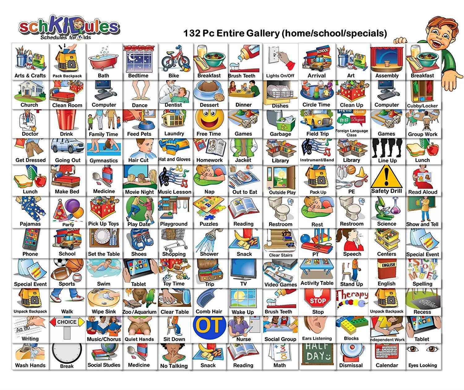 SchKIDules Visual Schedules 3 Pc Entire Gallery Bundle w/double-sided 14x12 dry erase magnetic board, 132 Activity Magnets and 19 Headings Magnets