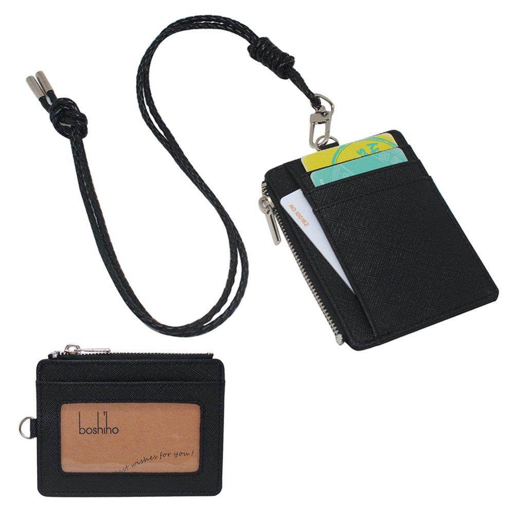 Boshiho Saffiano Leather Badge Holder ID Card Holder with Coin Change Purse