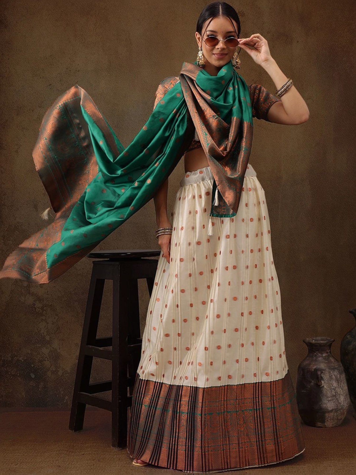 Silk Land Beige & Green Woven Pattern Semi Stitched Lehenga Choli Set With Duppata