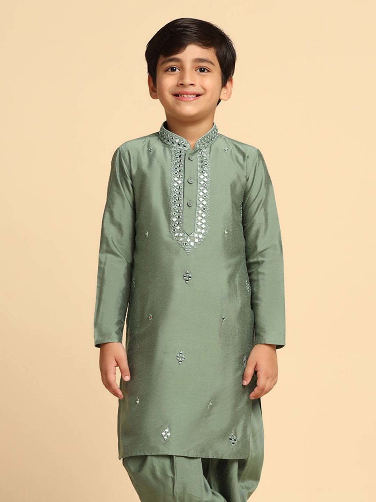 KISAH Kids Green Cotton Embroidered Full Sleeves Kurta