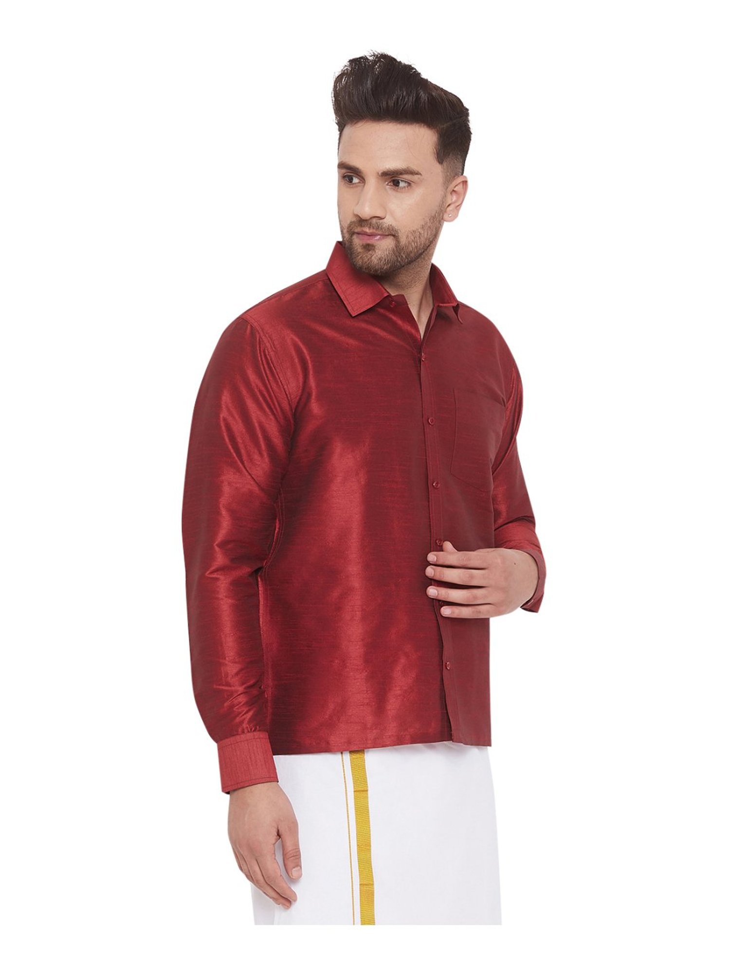 VASTRAMAY Maroon Straight Fit Self Pattern Ethnic Shirt