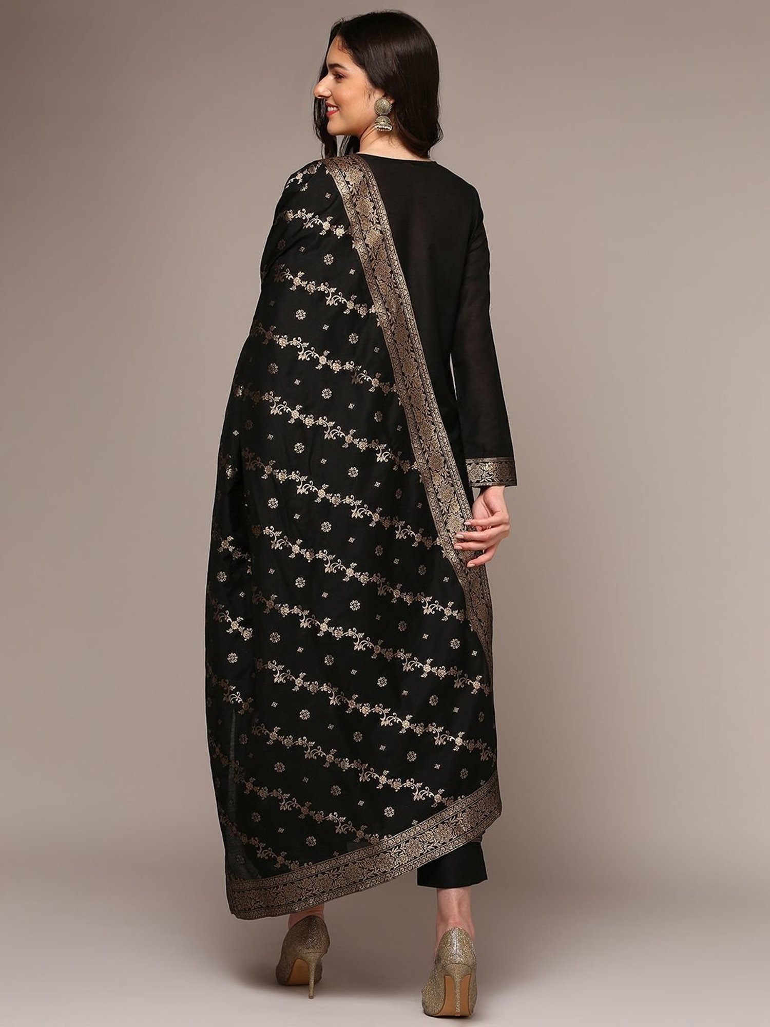 Vaamsi Black Woven Pattern Kurta Pant Set With Dupatta
