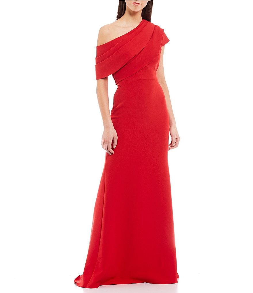 Badgley Mischka Asymmetrical Off-The-Shoulder Boat Neck Butter Crepe Gown