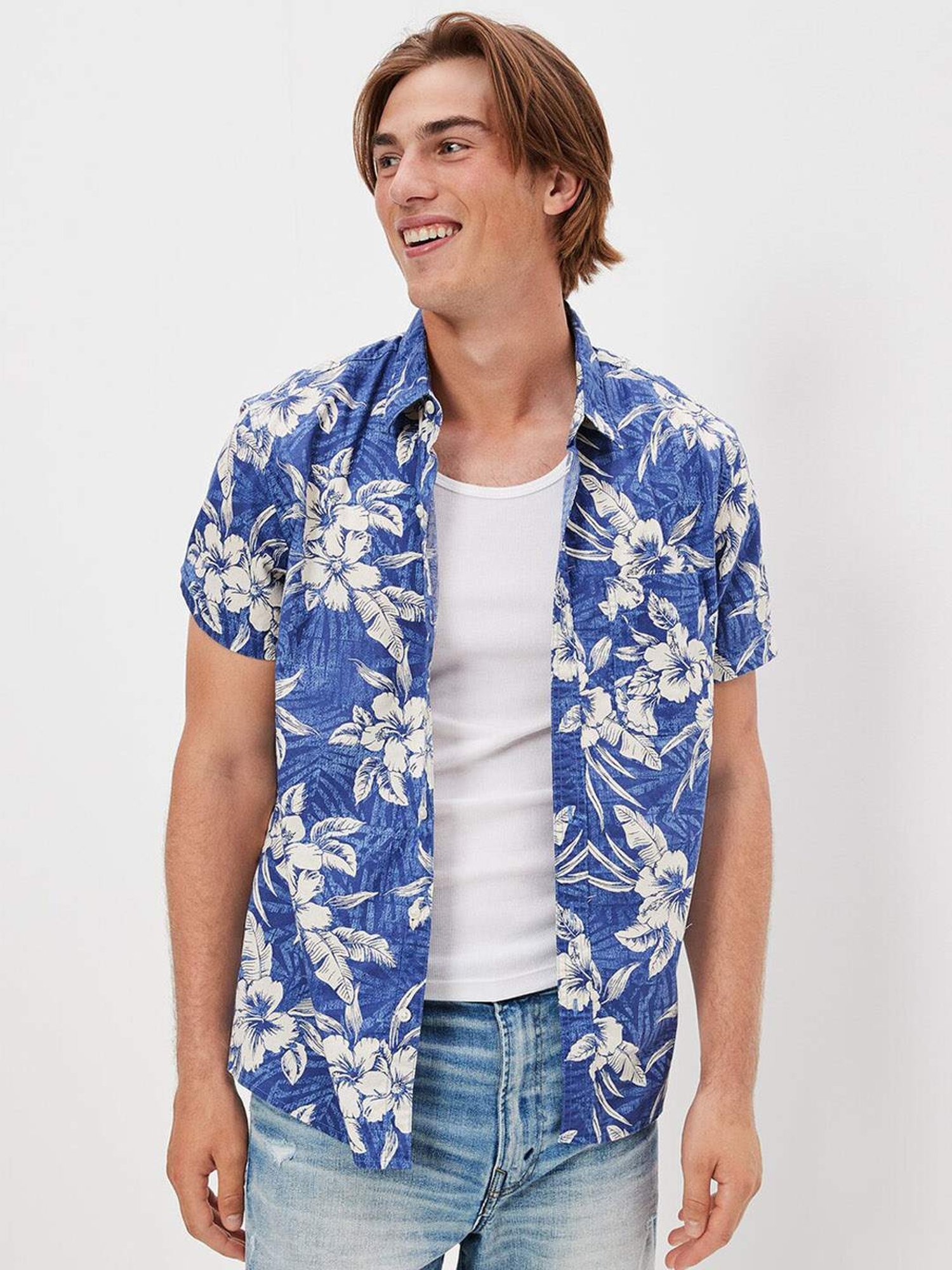 American Eagle Blue Cotton Regular Fit Printed Shirt