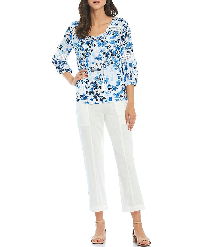 I.N. Studio Floral Print Tassel Tie V-Neck Detail Crochet Band 3/4 Sleeve Top