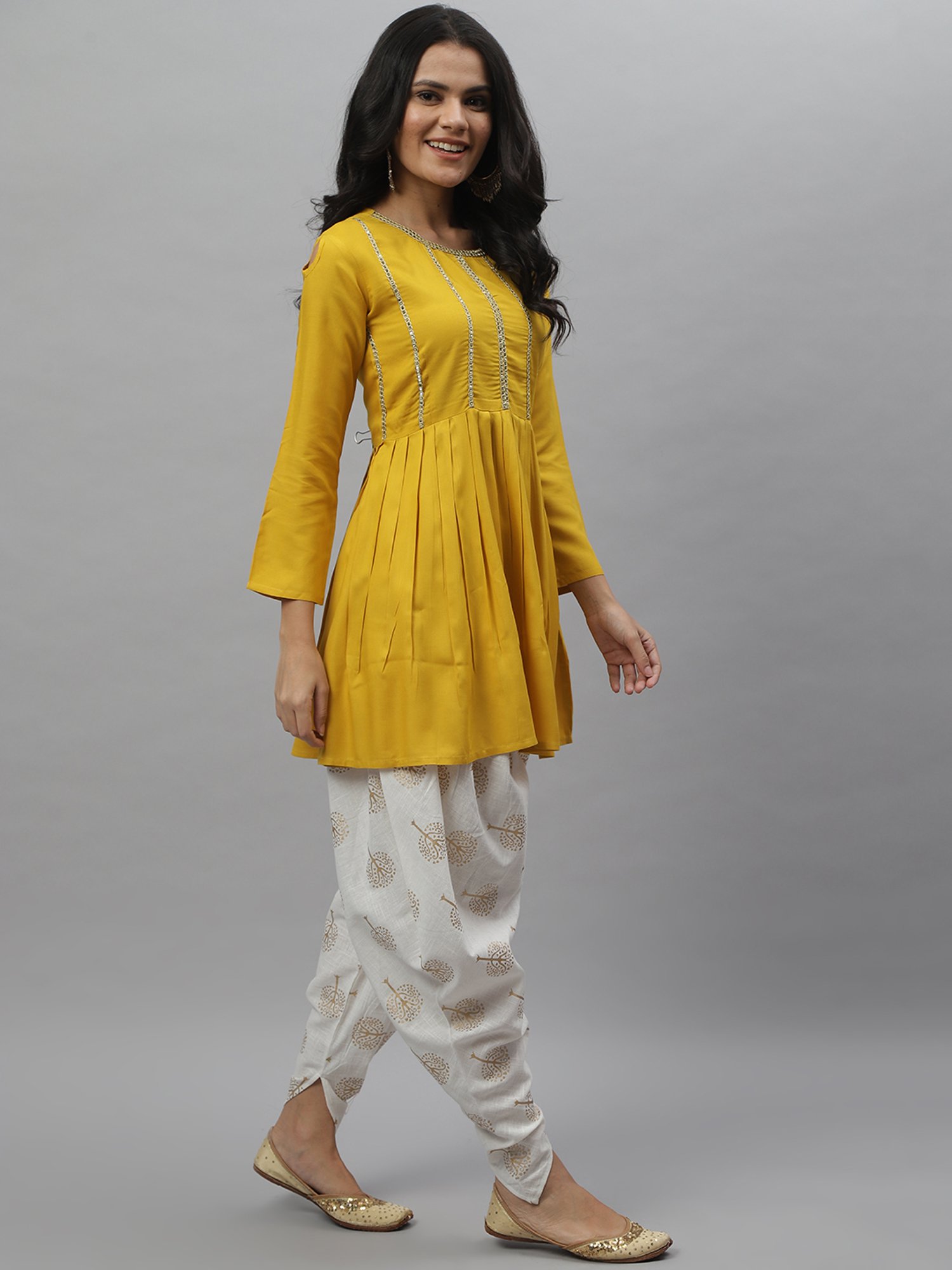 Stylum Mustard & White Embellished Kurti Dhoti Pant Set