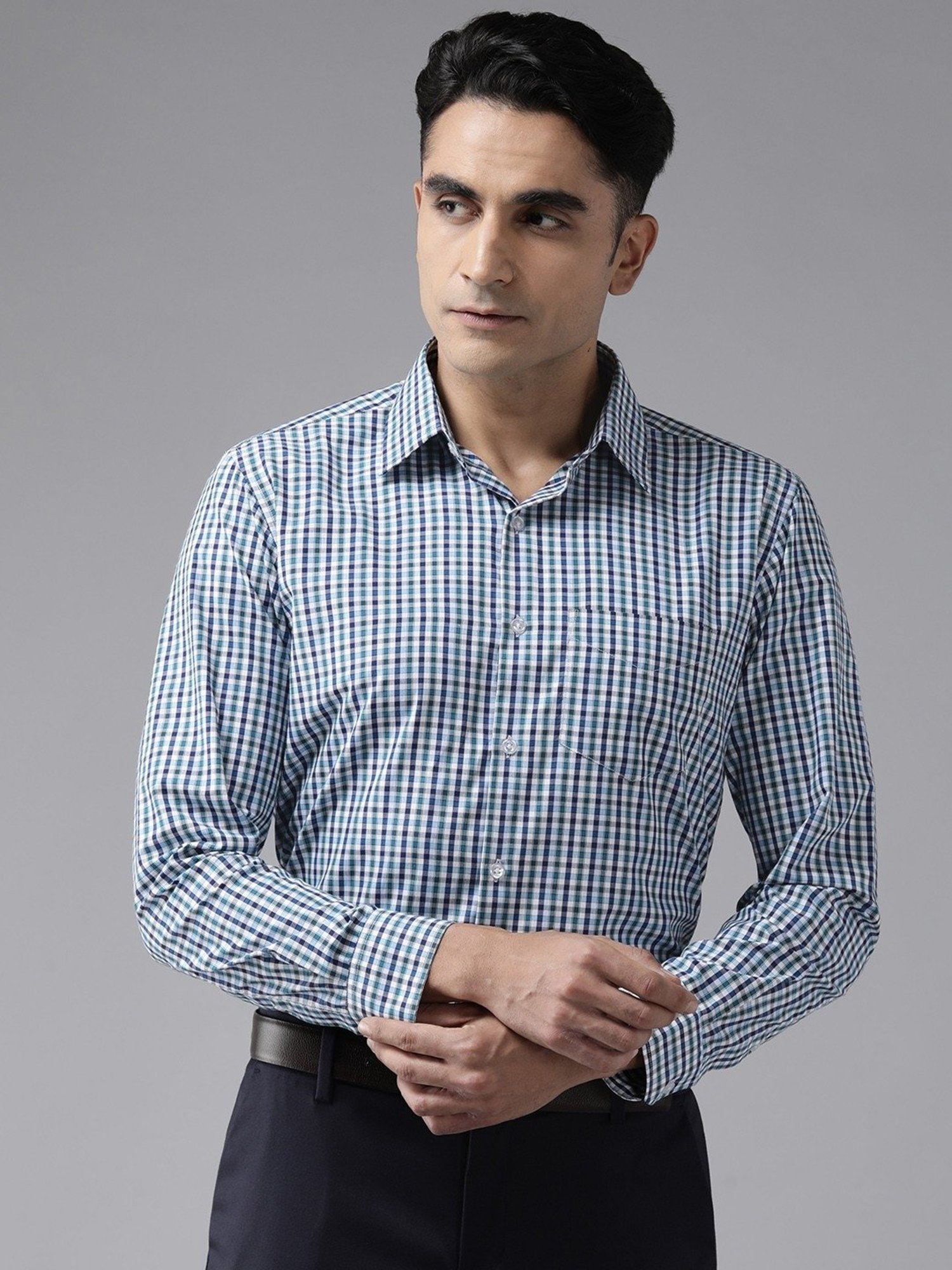 English Navy Navy Blue Slim Fit Checks Shirts