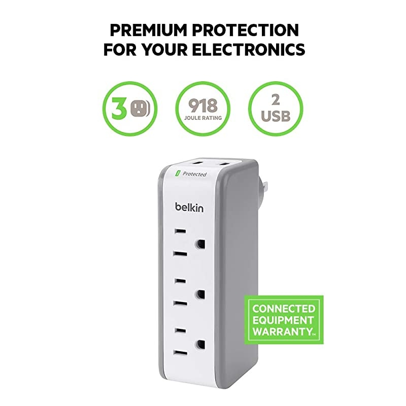 BST300 3Outlet USB Surge Protector wRotating Plug Ideal for Mobile Devices Personal Electronics Small Appliances and More 918 Joules