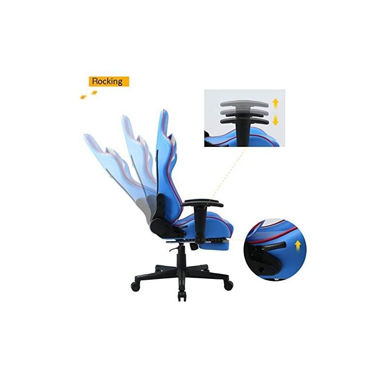 Back PU Leather Swivel Gaming Chair with Adjustable Lumbar Support Headrest Footrest Video Game Chair Racing Office Chair (Bule)