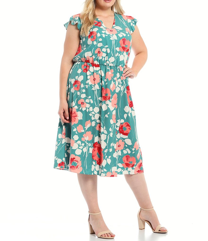Adrianna Papell Plus Size Flutter Cap Sleeve V-Neck Floral Stretch Twill Midi Dress