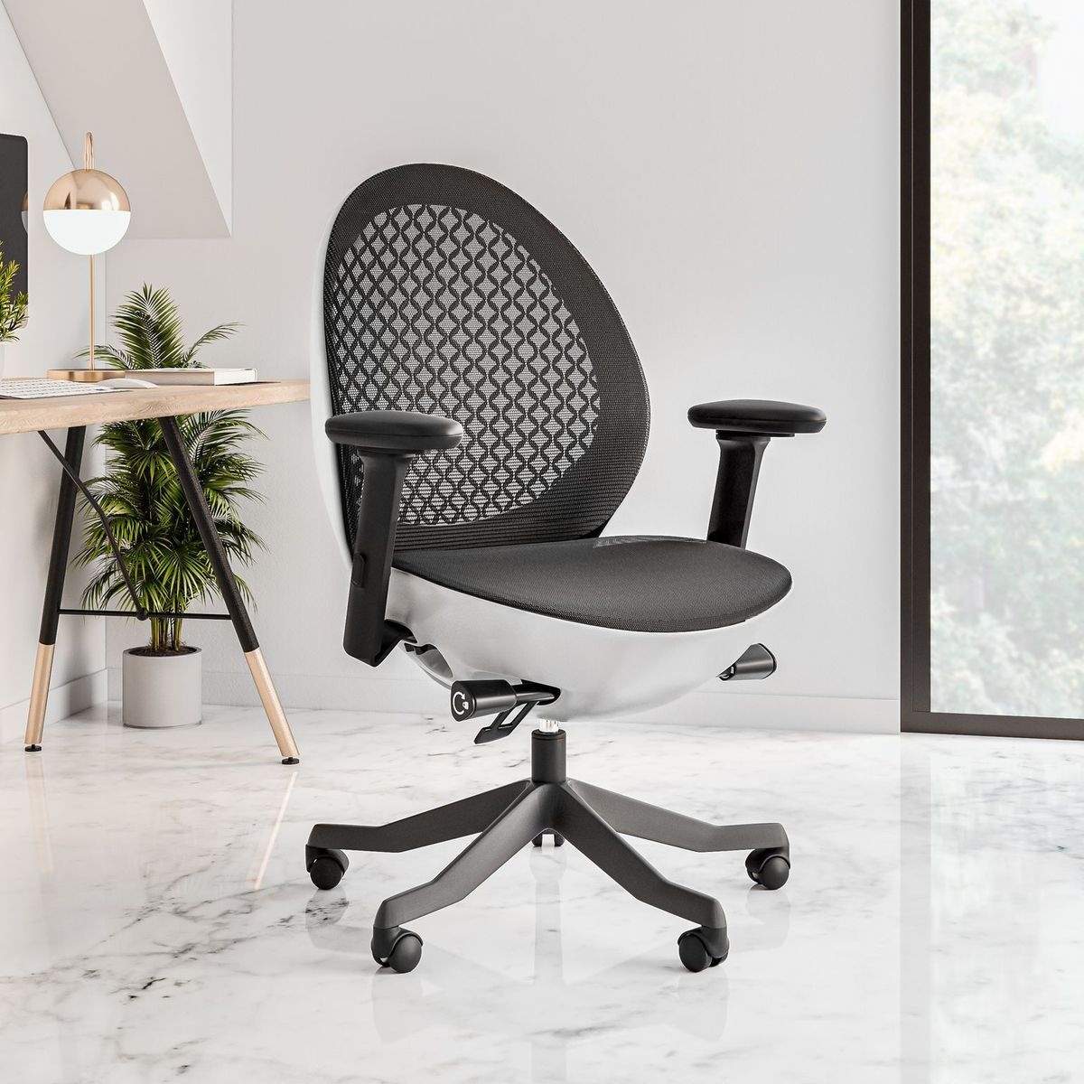 Techni Mobili Deco LUX Executive Office Chair with Aluminum Base and Non-Marking Caster Wheels, Mesh Task Chair with 3D Padded Armrests, White