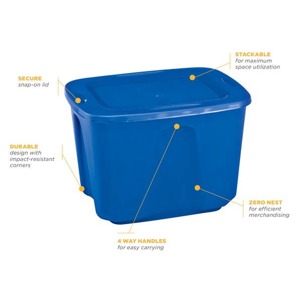 homz plastic storage tote with lid, 18 gallon, blue, stackable, 4pack