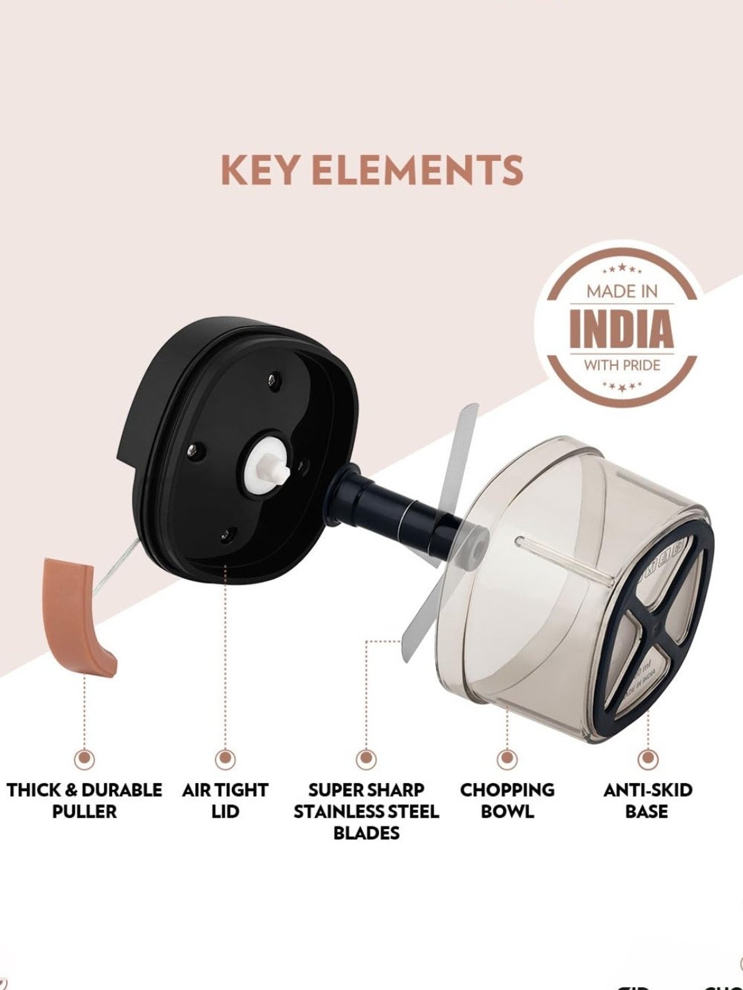 Borosil Chopper 600 ml with 3 Blades & Durable String (Black)