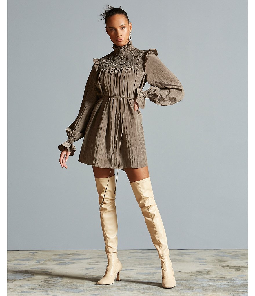 French Connection Boza Crinkle Woven Mock Neck Long Blouson Sleeve Smocked Yoke Pleated Detail Mini Dress