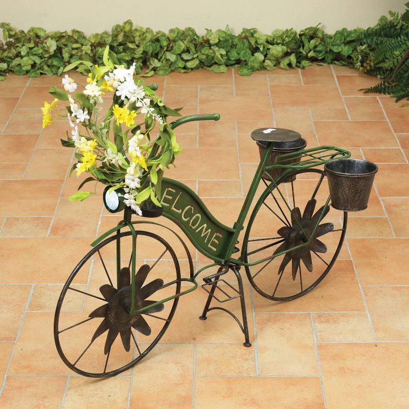 Gerson International 37-Inch Long Solar-Powered Metal Antique-Style Bicycle Plant Stand with Wind Spinner Spokes