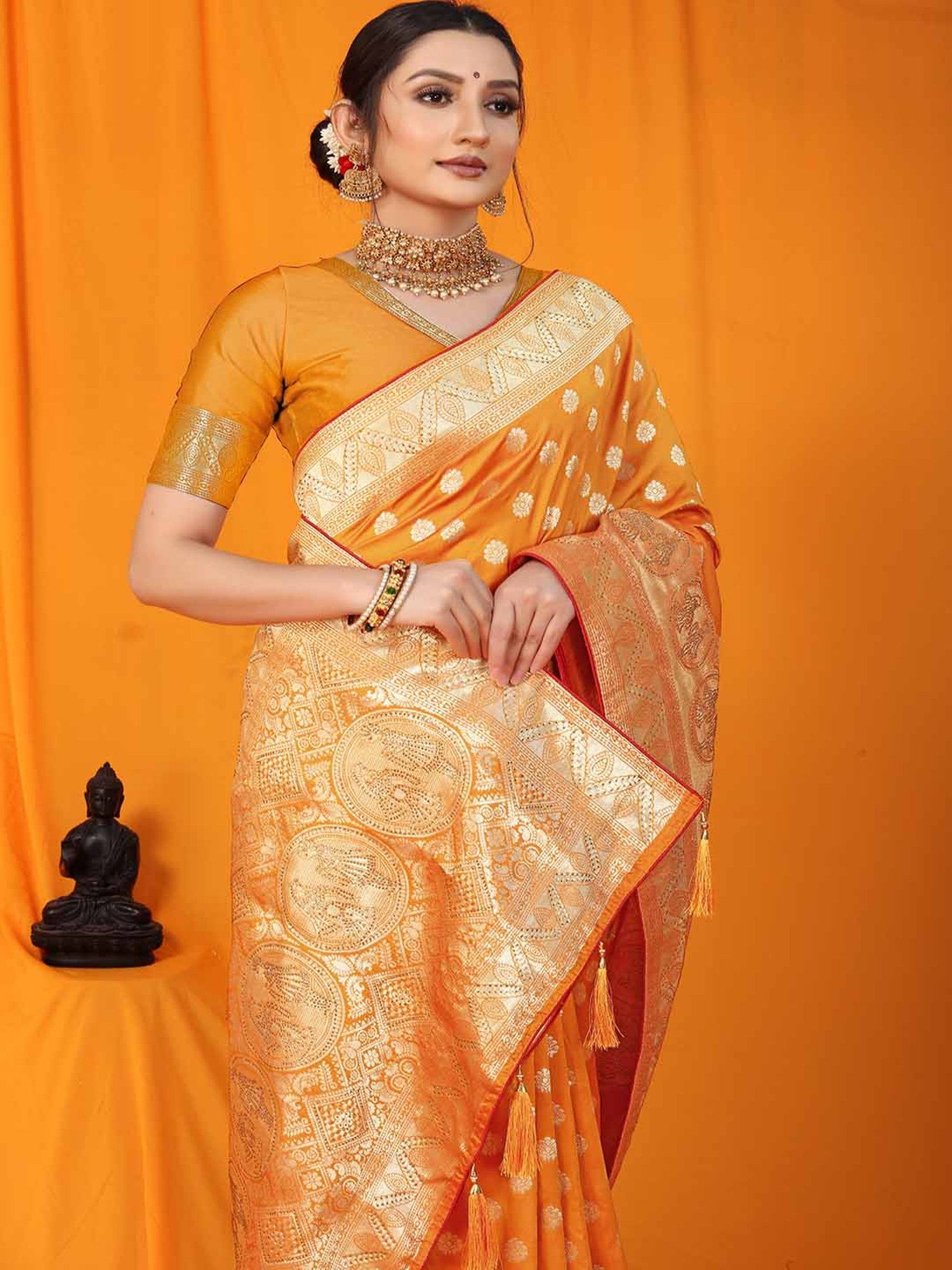 SHUBHKALA Yellow Silk Woven Saree With Unstitched Blouse