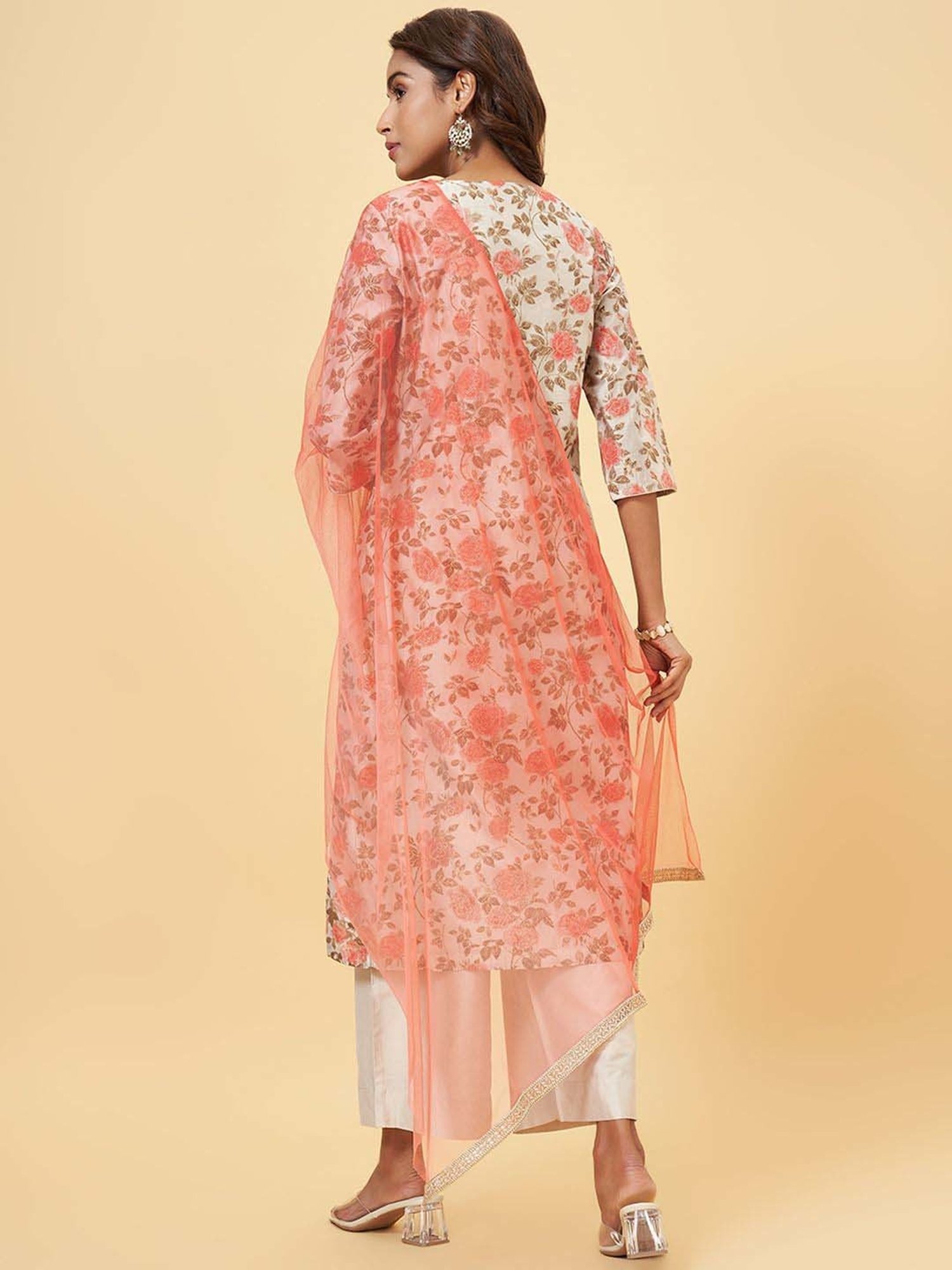 Rangmanch by Pantaloons Beige Embroidered Kurta Palazzo Set With Dupatta