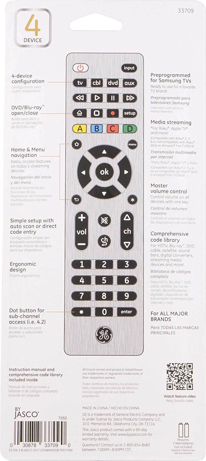 GE 4 Device Universal Remote, Smart TVs, LG, Vizio, Sony, Blu Ray, DVD, DVR, Roku, Apple TV, Streaming Players, Simple Setup, Auto Scan, Pre-Programmed for Samsung TVs, Silver, 33709