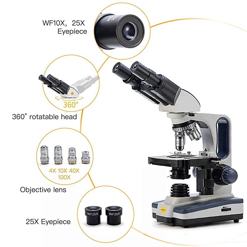 Binocular Compound Microscope SW350B, 40X-2500X Magnification,Siedentopf Head,Research-Grade,Two-Layer Mechanical Stage,1.3mp Camera and Software Windows and Mac Compatible