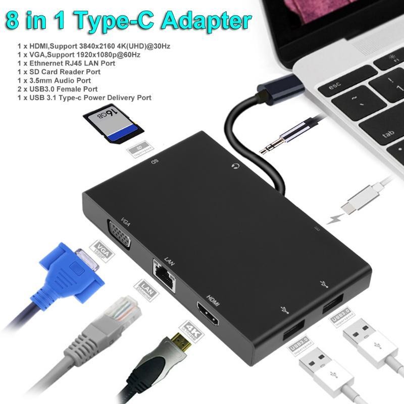 Type-C 8 in 1 USB-C to 4K HDMI VGA LAN SD Slot Female Adapter Audio 3.5mm Type-C USB 3.0x2 Converter Adapter for PC Laptop
