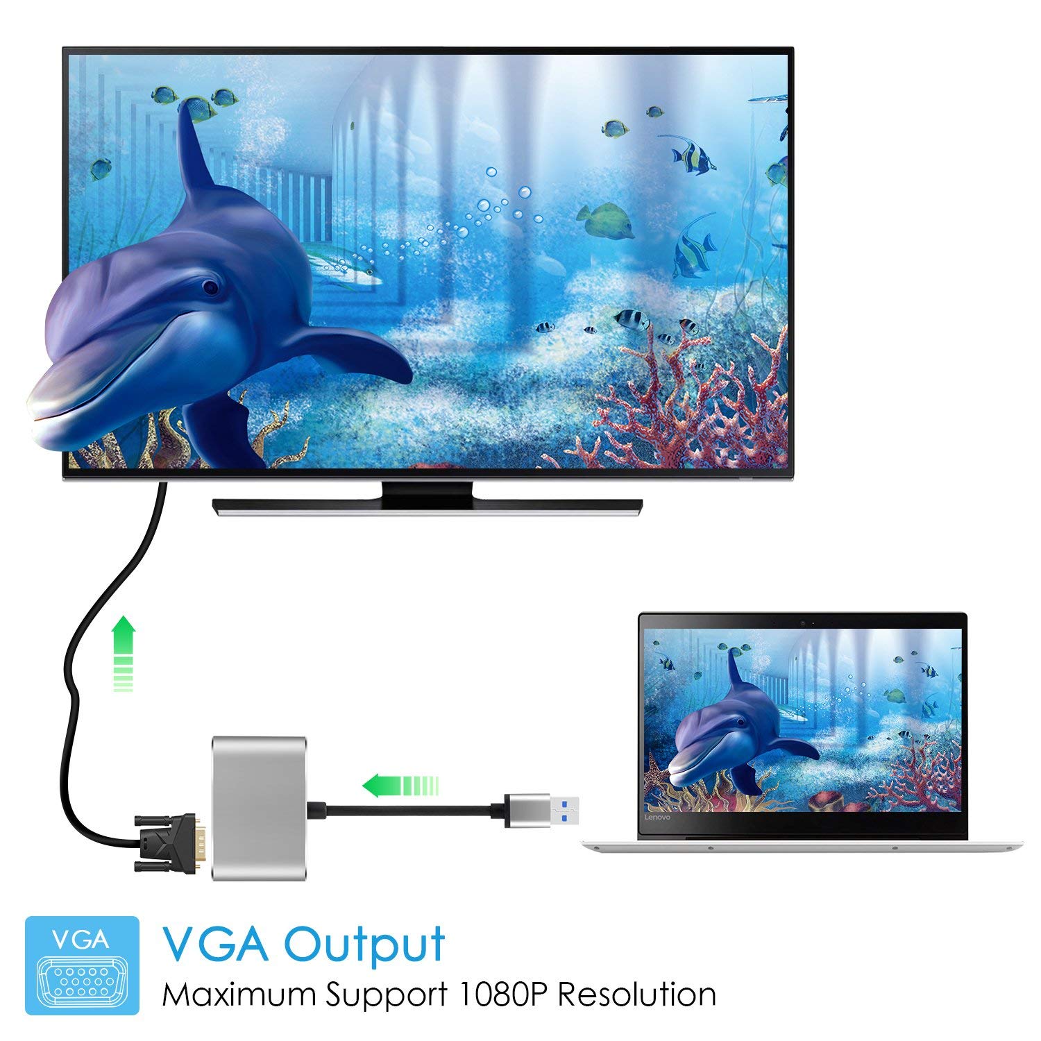 2 in 1 USB 3.0 to HDMI VGA Adapter 1080P,  Built-in Driver,  Support HDMI VGA Sync Output for Windows 10 / 8 / 7 Only, NOT Mac OS / Linux / Vista, USB to HDMI VGA HUB.