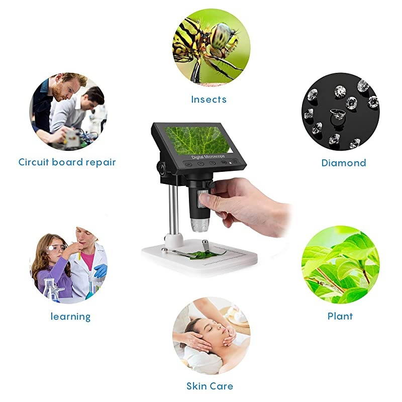 USB Microscope 43 inch LCD 10X600X Magnification Microscope8 LED Adjustable LightRechargeable Lithium Battery for Phone Repair Soldering Tool Jewelry Appraisal Biologic Use