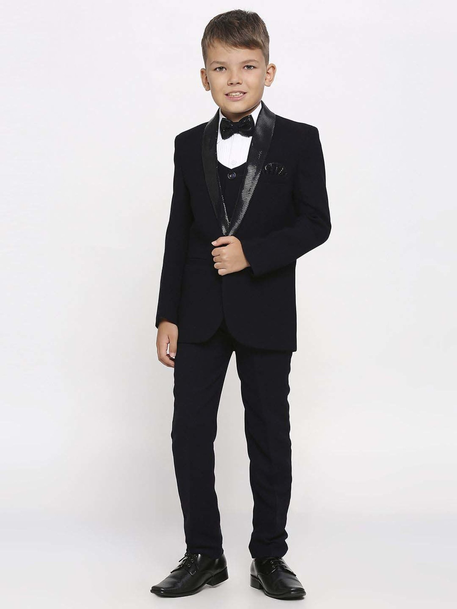 Kids Island Boys Navy & White Solid Full Sleeves Suit Set