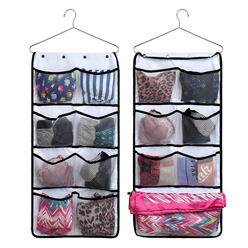 DualSided Hanging Closet Organizer for Underwear StockingBra and SockMesh Pockets with Metal Hanger 42 Pockets Black