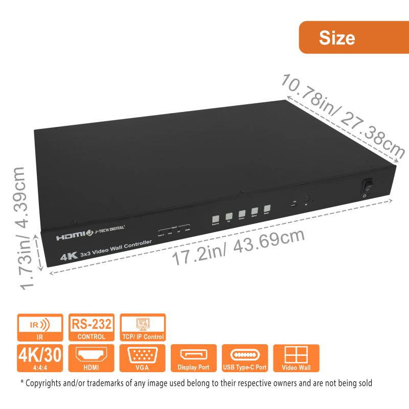 J-Tech Digital 4K30 3x3 Video Wall Controller | HDMI, VGA, DP, USB Type-C | HDCP 2.2 | Up to 10x10 [JTECH-VW09]