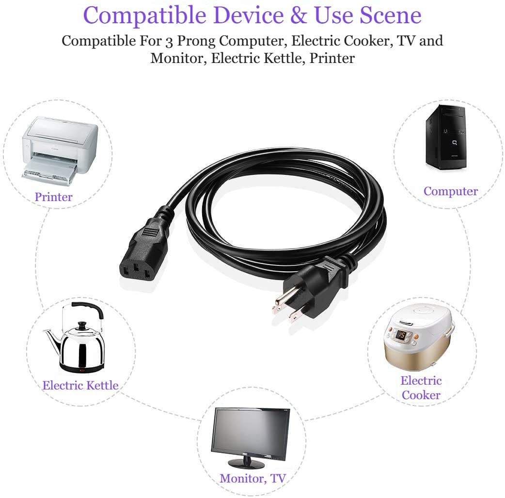ASTAR 3 Prong 5 Feet Heavy Duty LCD LED TV AC Power Cord Cable Replacement for Vizio Insignia Samsung LG Sony Panasonic Toshiba Dell Monitor Xbox 360 Epson Printer