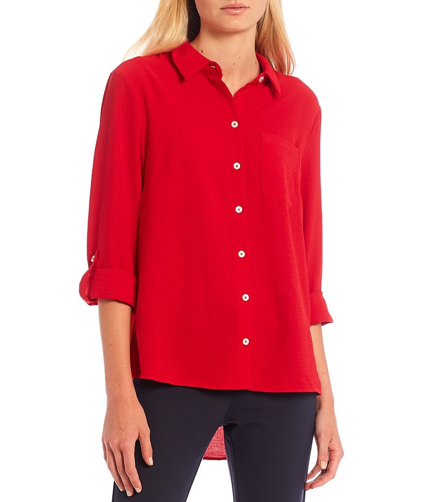 Tommy Hilfiger Point Collar Neck Roll-Tab Long Sleeve Crepe de Chine Blouse