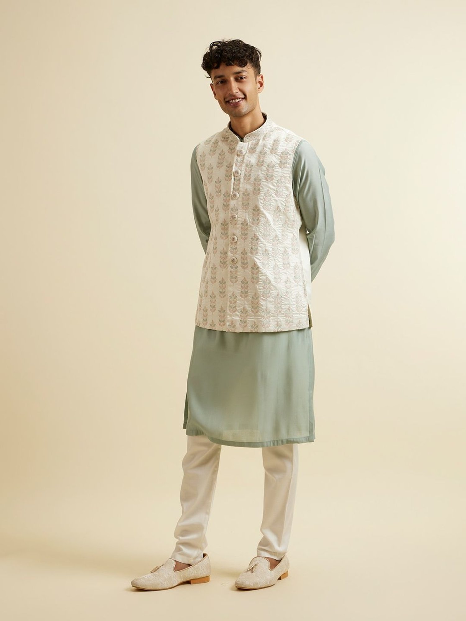 Manyavar White Regular Fit Embroidered Nehru Jacket