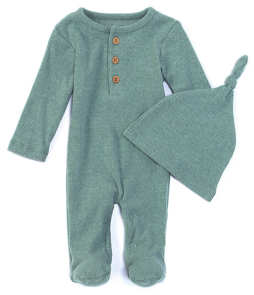 First Wave Baby Boys Newborn-9 Months Ribbed Knit Footed Coverall with Hat