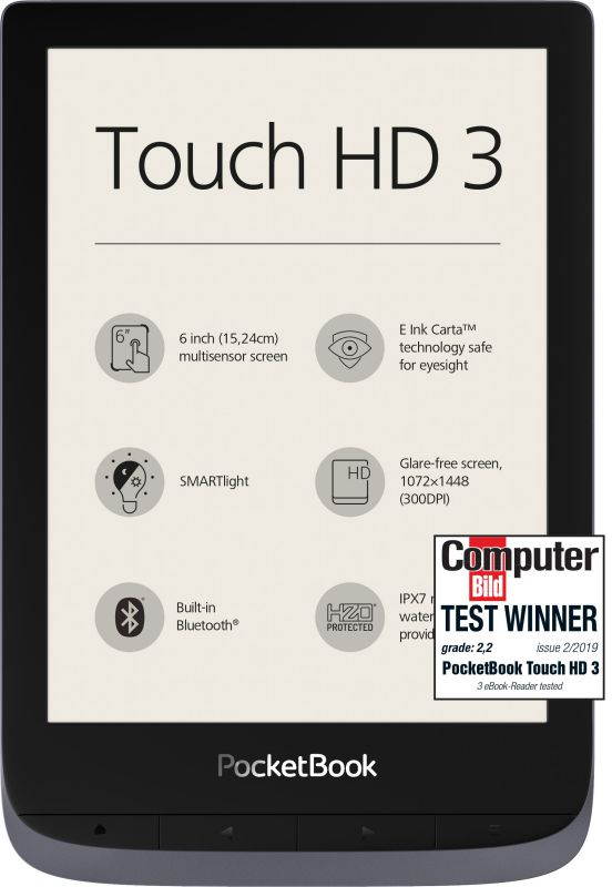 PocketBook Touch HD 3 Grey. 6" E Ink&reg; Carta&trade;; HZO ProtectionTM (IPX 7); SMARTlight; Dual Core (2x1 GHz); Flash memory: 16GB; Accumulator: 1500 mAh (Li-Ion Polymer) PB632-K-WW