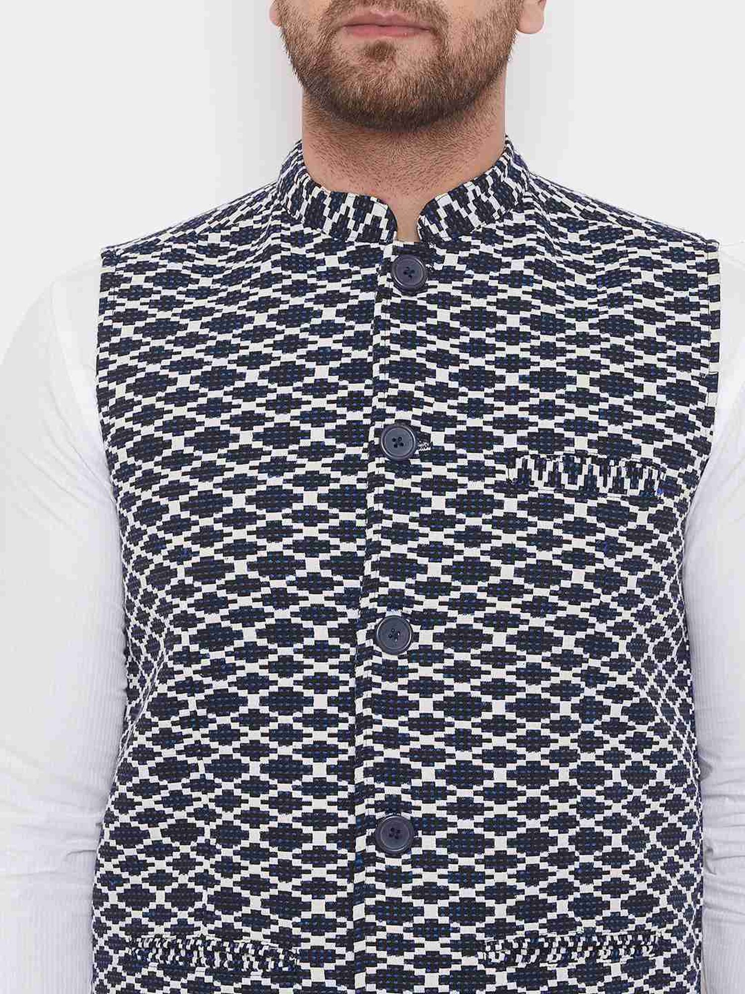 Even Blue Regular Fit Self Pattern Nehru Jacket