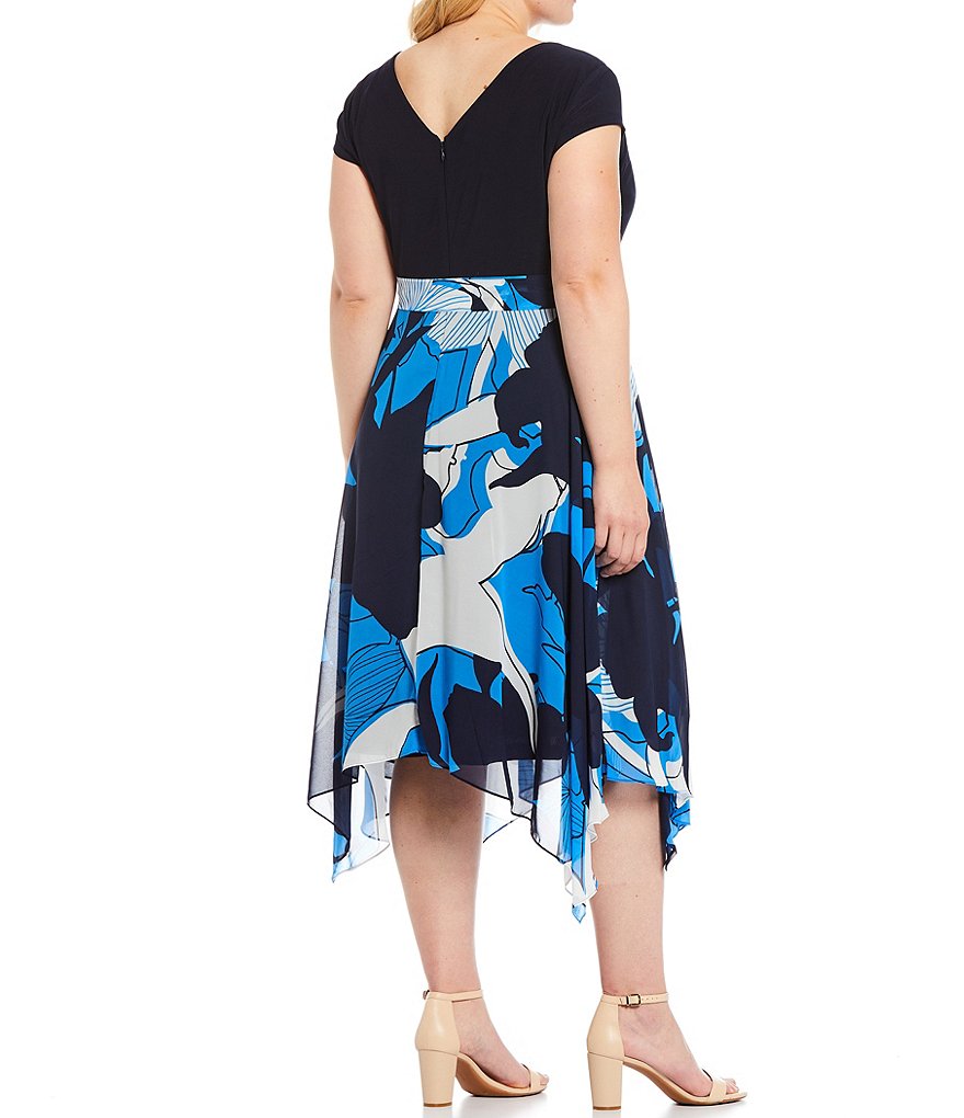 Ignite Evenings Plus Size Floral Cap Sleeve Round Neck Tie Waist Knit Jersey Chiffon Handkerchief Hem A-Line Midi Dress