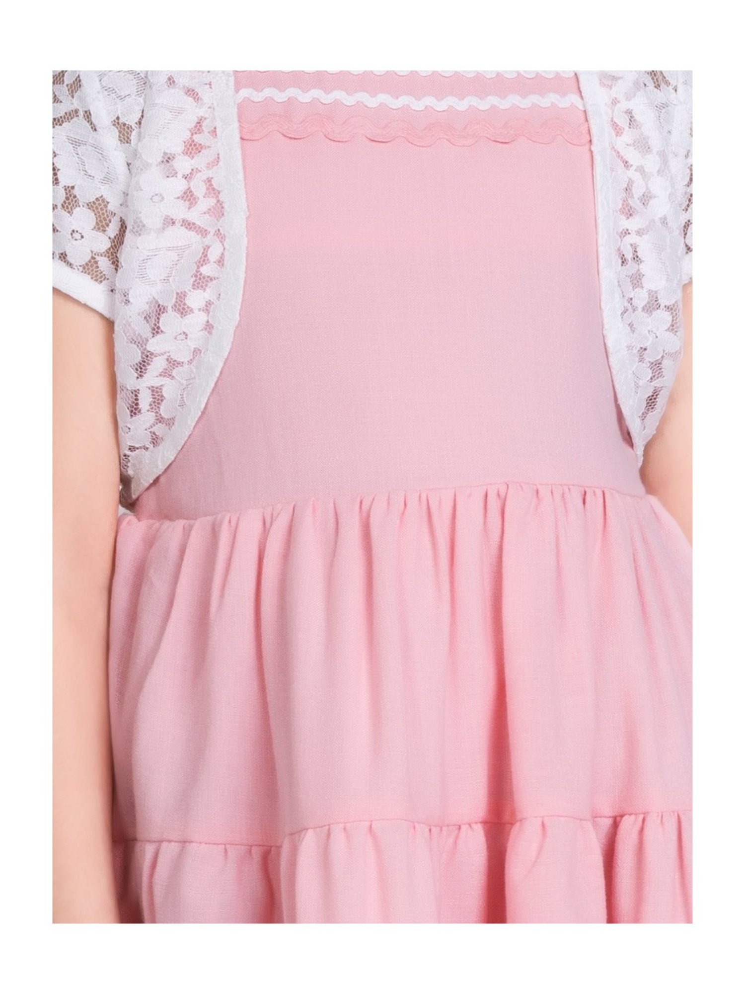 Peppermint Kids White & Light Pink Self Design Dress with Jacket