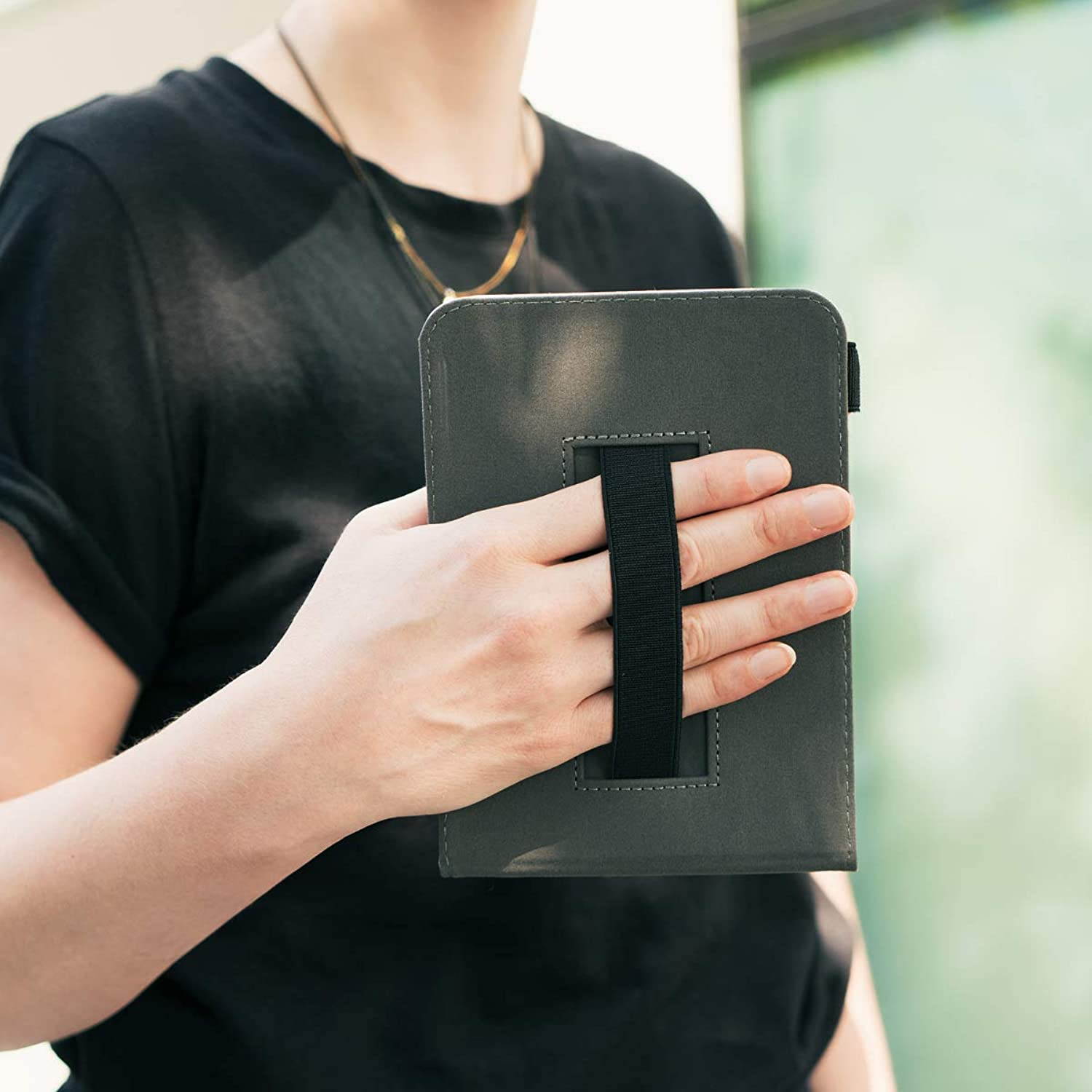 kwmobile Cover Compatible with Amazon Kindle Paperwhite (10. Gen - 2018) - Faux Nubuck Leather e-Reader Case with Built-in Hand Strap and Stand - Butterfly Tendril Grey