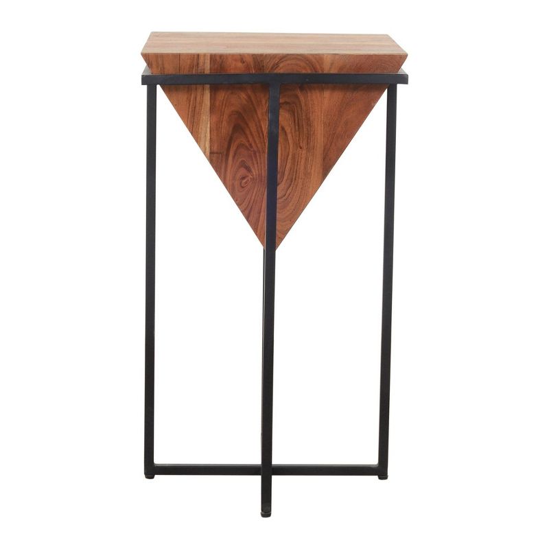 26" Pyramid Shape Wooden Side Table with Cross Metal Base Brown/Black - The Urban Port