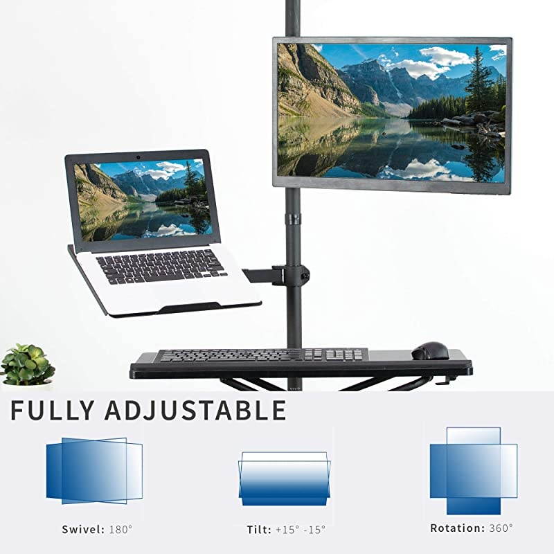 Black Fully Adjustable 13 to 32 inch Single Computer Monitor and Laptop Desk Mount Combo, Stand with Grommet Option, Fits up to 17 inch Laptops STAND-V002C