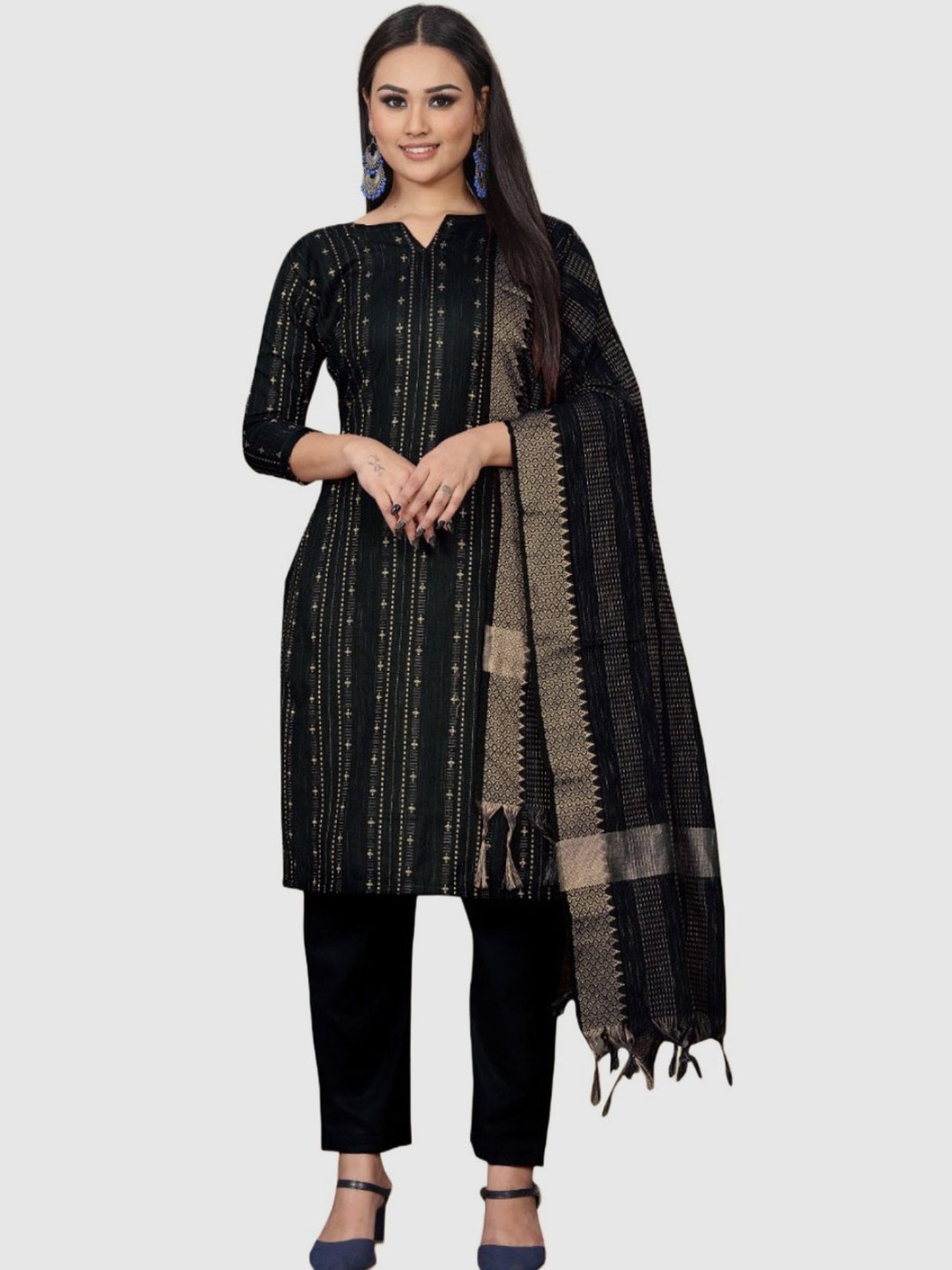 APNISHA Black Cotton Embroidered Unstitched Dress Material