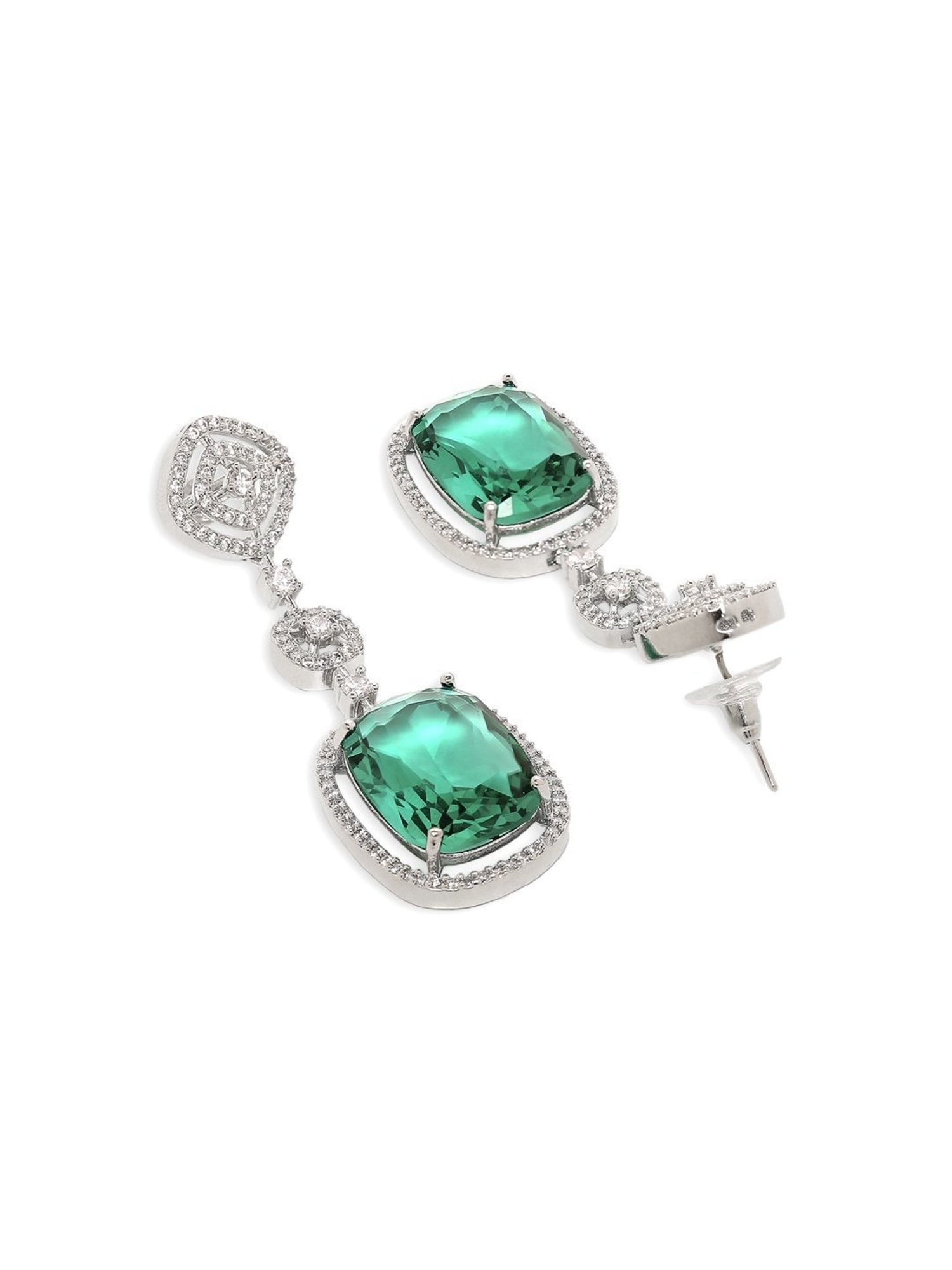 OOMPH Green American Diamond Large Rectangle Drop Pendant Necklace Set with Earrings
