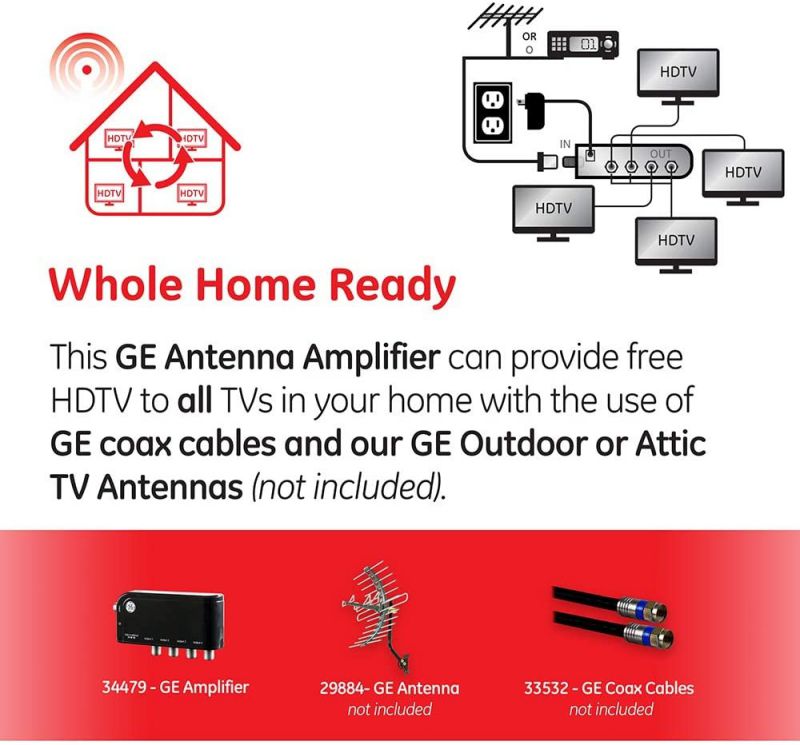 GE 4-Way TV Antenna Amplifier Splitter Clears Up Pixelated Low-Strength Channels Distributes Signal to Multiple TVs 50-1006MHz Low Noise Antenna Signal Booster HD Digital VHF UHF Indoor 34479