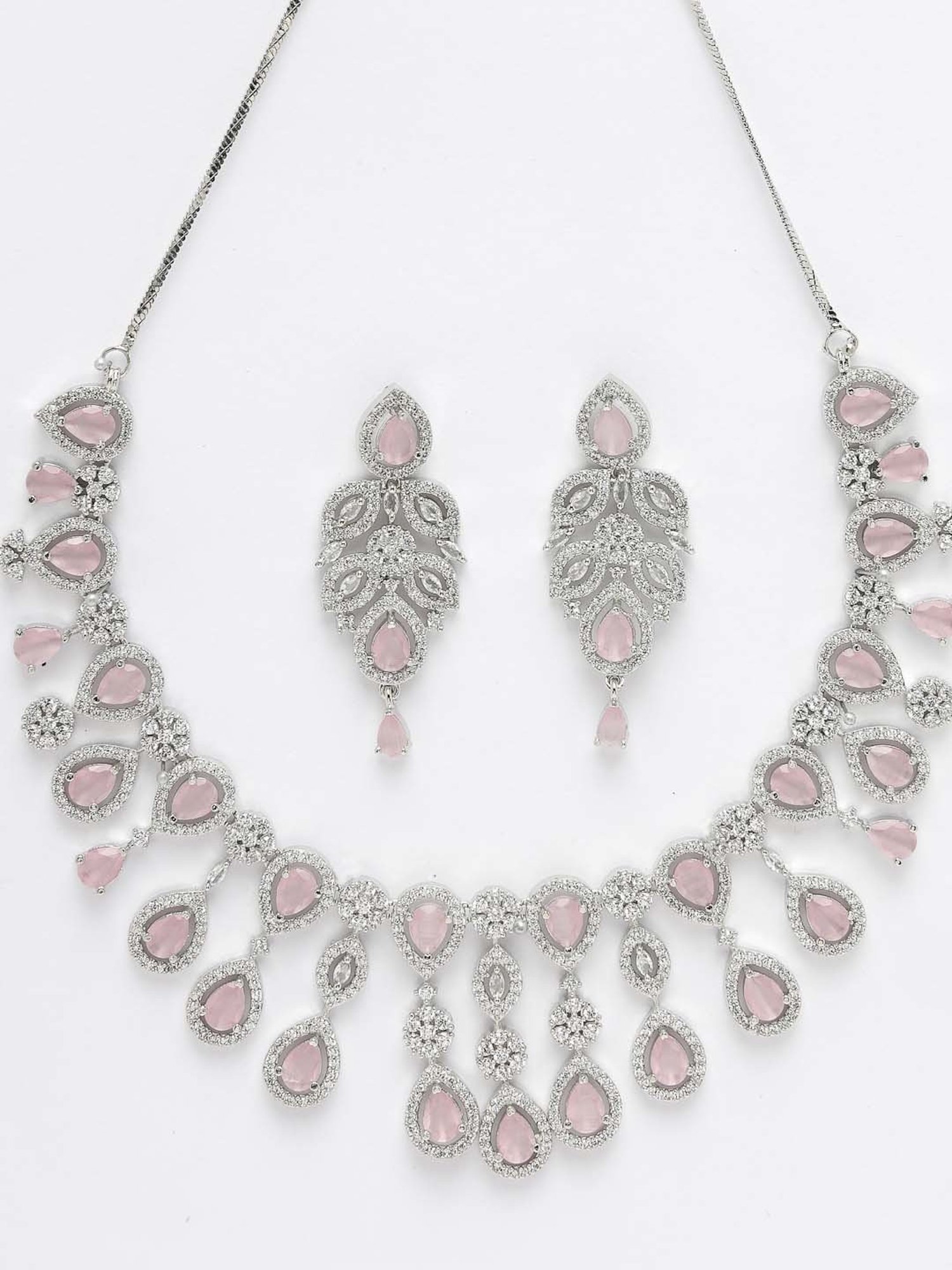 NVR Silver Plated & Pink CZ Stone Handcrafted Jewellery Set For Women