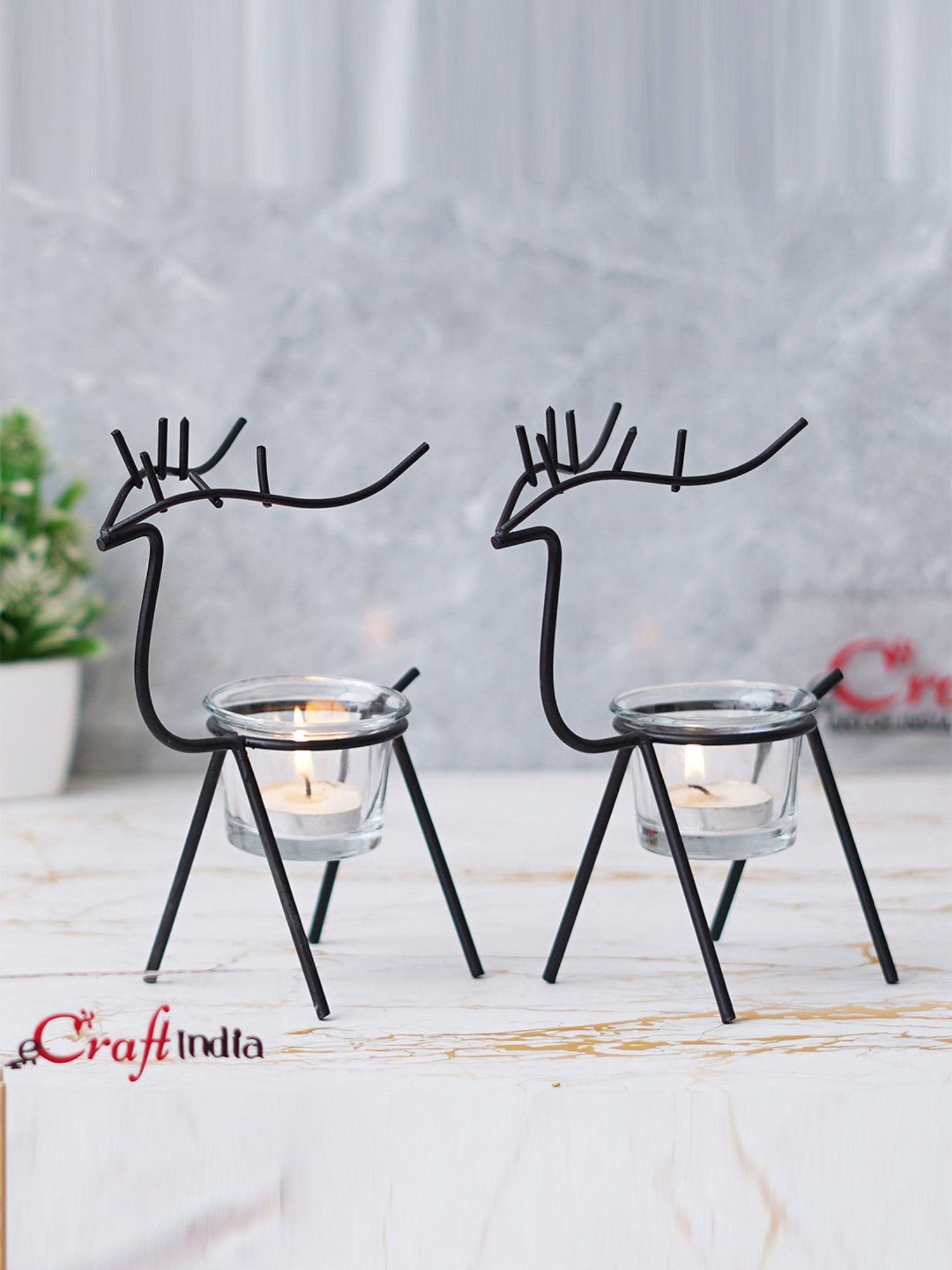 eCraftIndia Solid Metal Deer Shape Tea Light Candle Holders - Set of 2