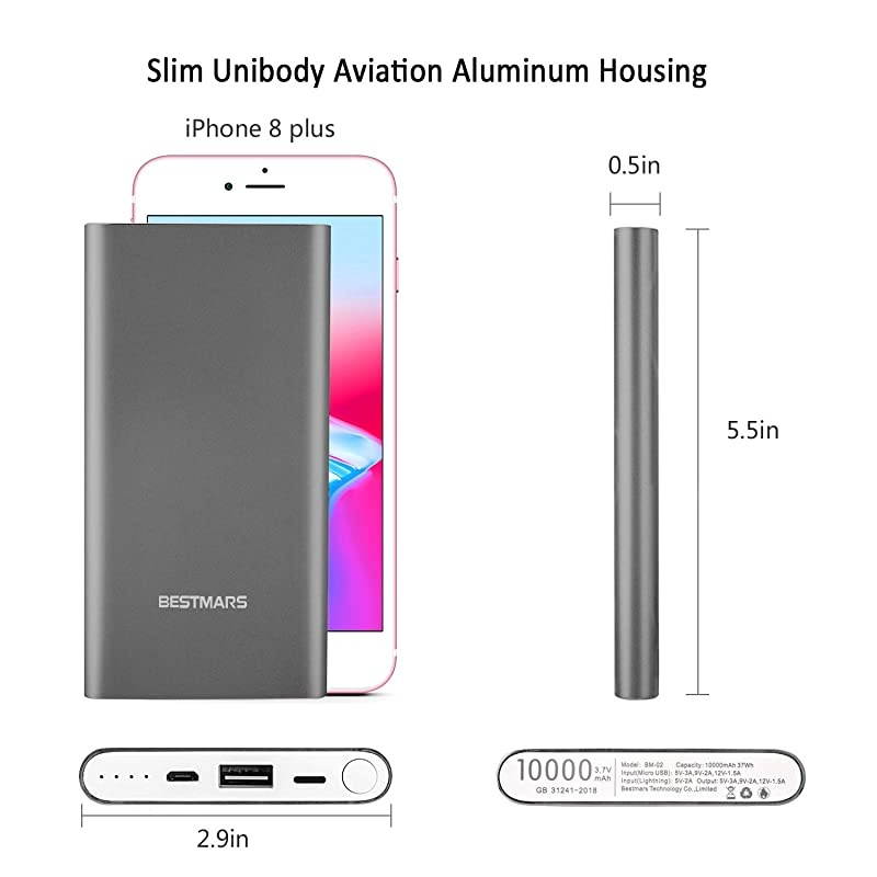 Capacity 10000mAh Quick Charge QC 30 Portable Charger Fast Speed Charging Dual Input Thin Power Bank Compatible For iPhone iPad Samsung Galaxy Mobile phone Android Smartphone Device Space Grey