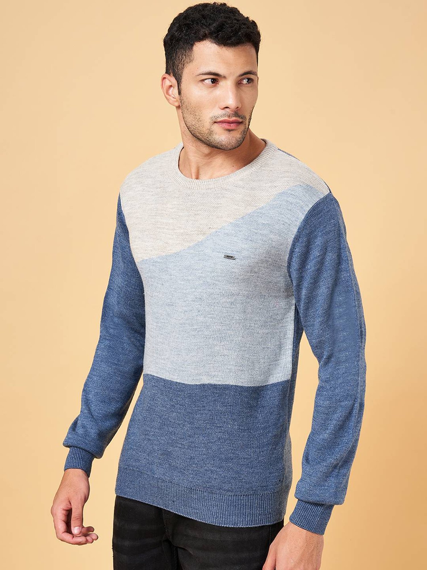 Byford by Pantaloons Blue Slim Fit Self Pattern Sweater